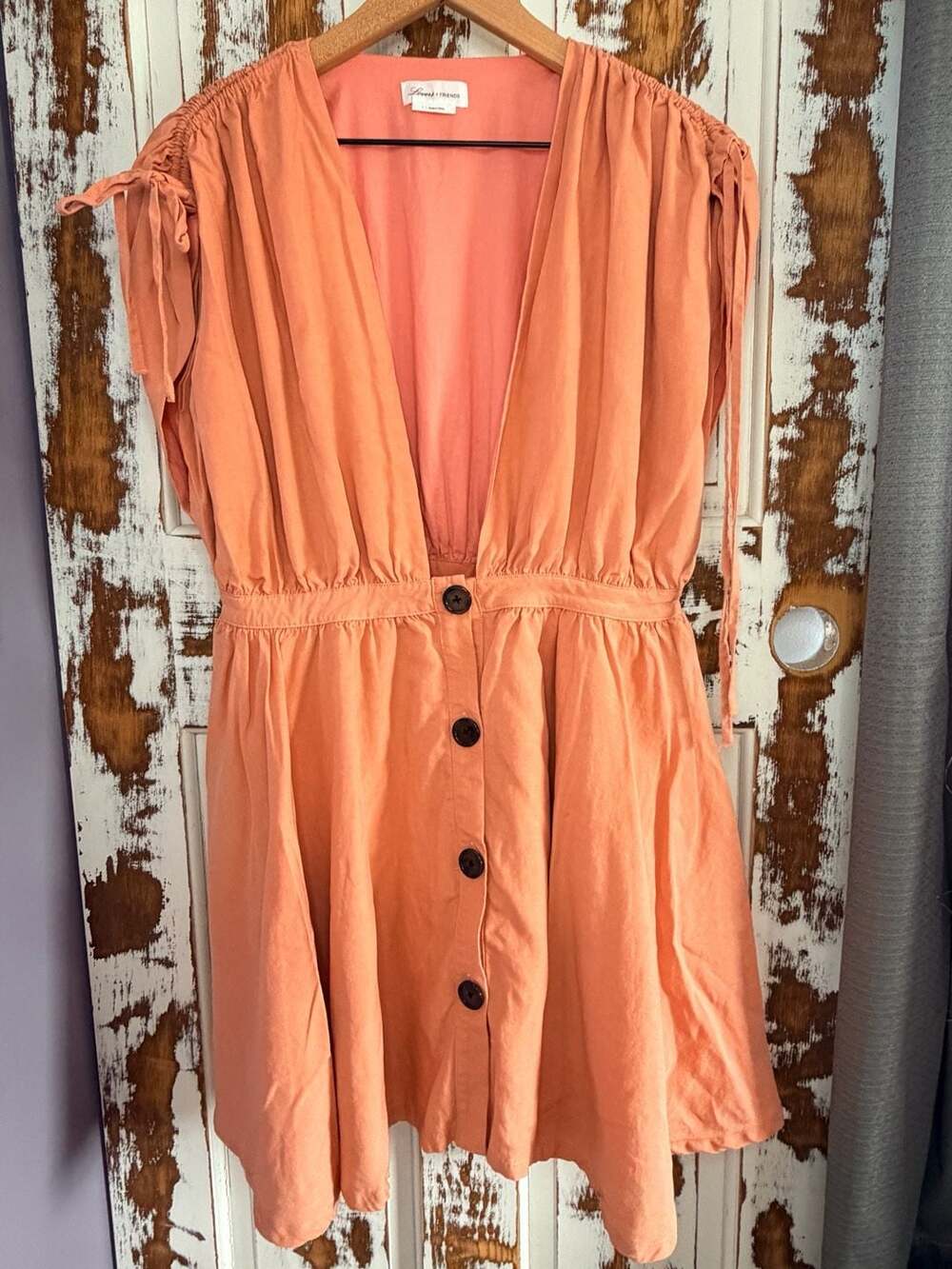 Lovers + Friends V-Neck Button-Front Mini Dress Coral Tencel Linen Blend Size L
